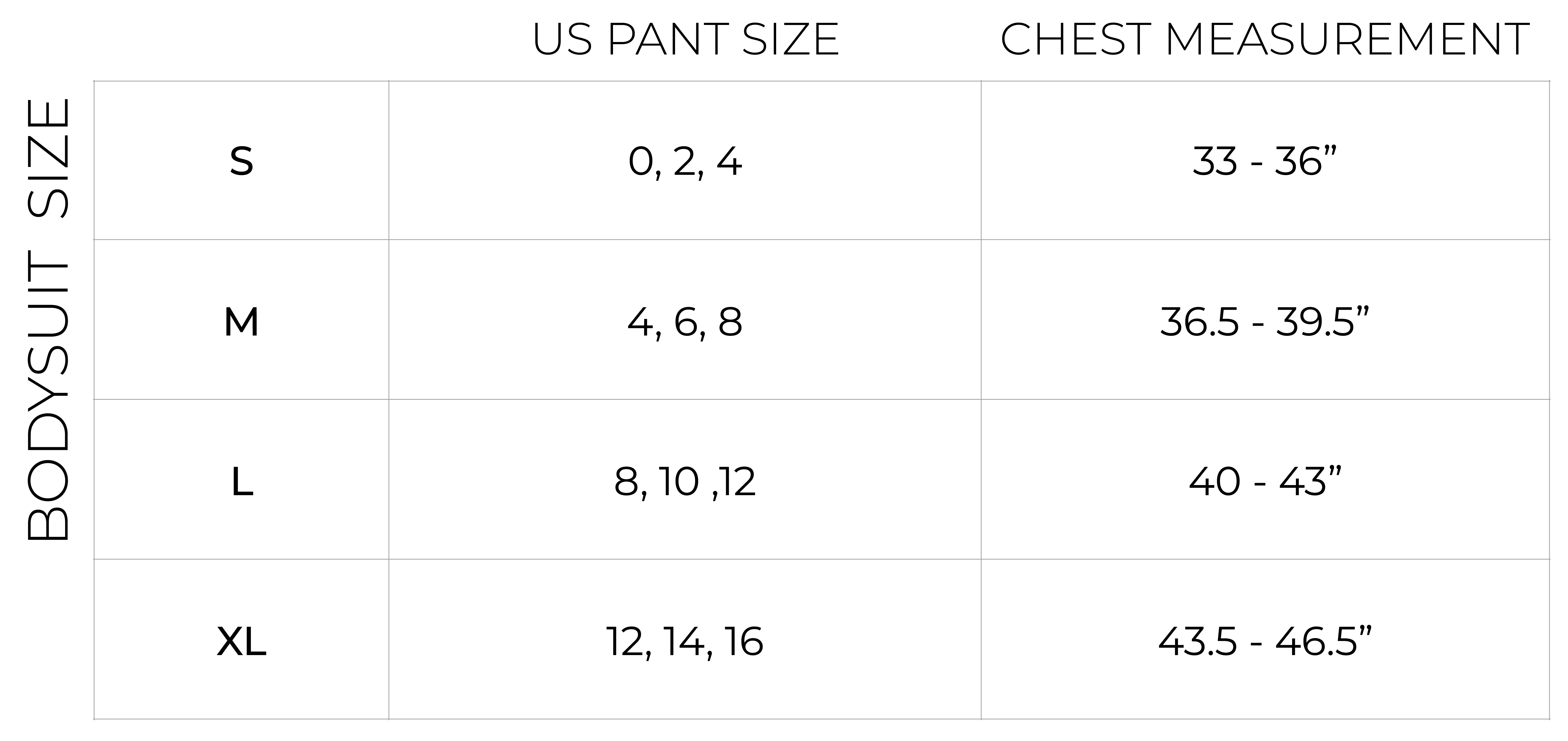 Bodysuit Size Chart