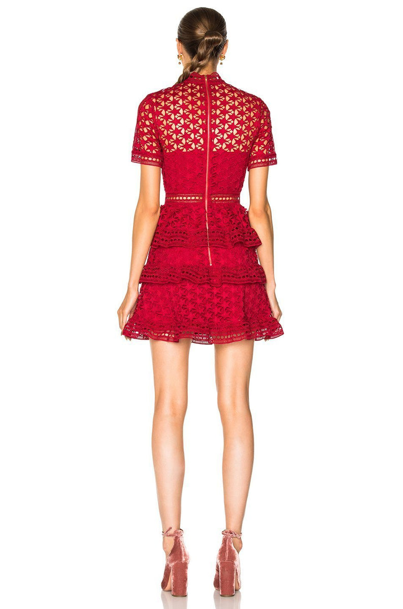 Red Star Lace Ruffled Mini Dress