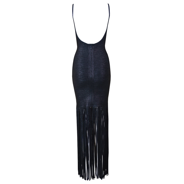 Black Foil Print Bandage Fringe Midi Dress – DIOR BELLA