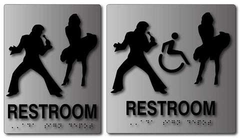 Elvis Presley and Marilyn Monroe Unisex Restroom Signs in Brushed Aluminum © ADA Sign Depot