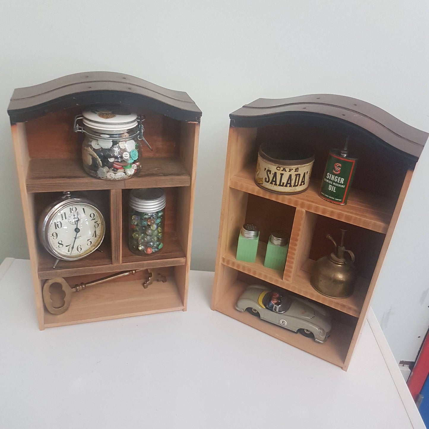reclaimed walnut arched top curio cabinet / display shelf handmade