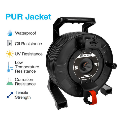 CompuCablePlus CAT6A S/FTP Indoor/Outdoor IP67 Waterproof Retractable Shielded Ethernet Network Cable Mobile Extension Reel, Female to Female, 150FT, Black. IP67 Waterproof, Oil Resistance, UV Resistance, Low Temperature Resistance, Corrosion Resistance, Tensile Strength.