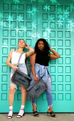 denim like oversized leather fringe clutch and crossbody bag