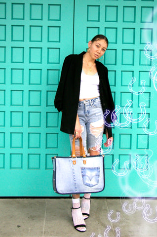 recycled denim and leather tote bag