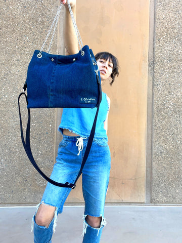 recycled denim and leather bucket bag