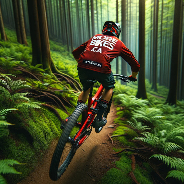Mountain biker navigating a forest trail, fully equipped with protective gear from MoreBikes.ca, showcasing safety and adventure in the great outdoors.