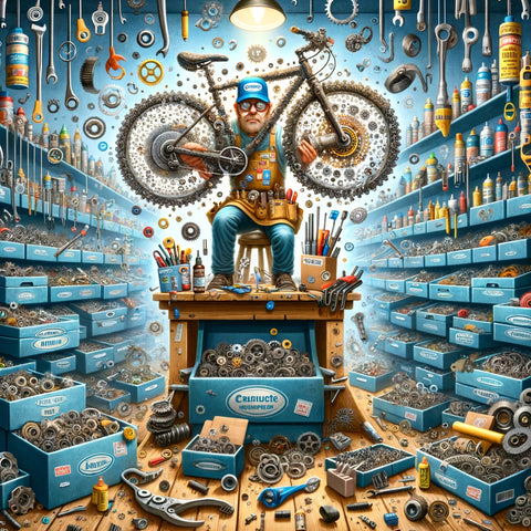 Whimsical bike mechanic surrounded by a fantastical array of floating bike parts, diligently working on a high-end mountain bike perched on a stand, with a backdrop of neatly organized blue and silver Shimano boxes on the workbench, in a bright, orderly workshop.