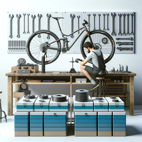 Shimano-certified mechanic from MoreBikes.ca meticulously servicing a high-end Shimano-equipped mountain bike on a stand, set against a backdrop of neatly organized professional tools and blue-silver Shimano product boxes in a bright, modern workshop.