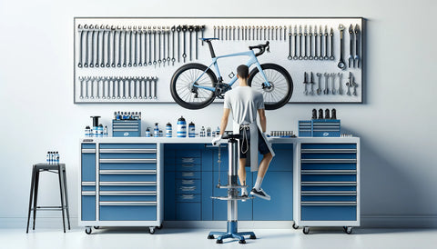 Shimano-certified mechanic from MoreBikes.ca expertly tuning a high-end road bike on a stand, surrounded by an organized array of professional-grade tools and blue-silver Shimano product boxes, in a clean, well-equipped workshop.