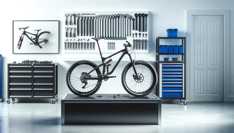 A high-end Shimano-fitted mountain bike displayed in MoreBikes.ca's immaculate workshop, with an organized wall of tools behind and blue storage units, showcasing the shop's Shimano certification and commitment to quality service.