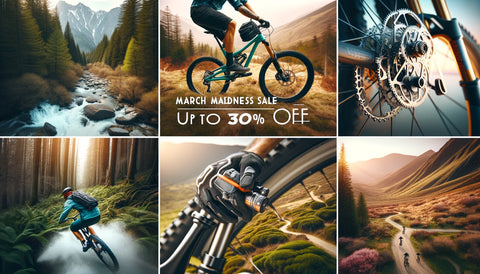 Promotional poster for March Madness Mountain Biking Sale illuminated by a desk lamp, showcasing a dynamic illustration of a cyclist riding a mountain bike on a vibrant trail with 'UP TO 30% OFF' boldly advertised. More Bikes Vancouver