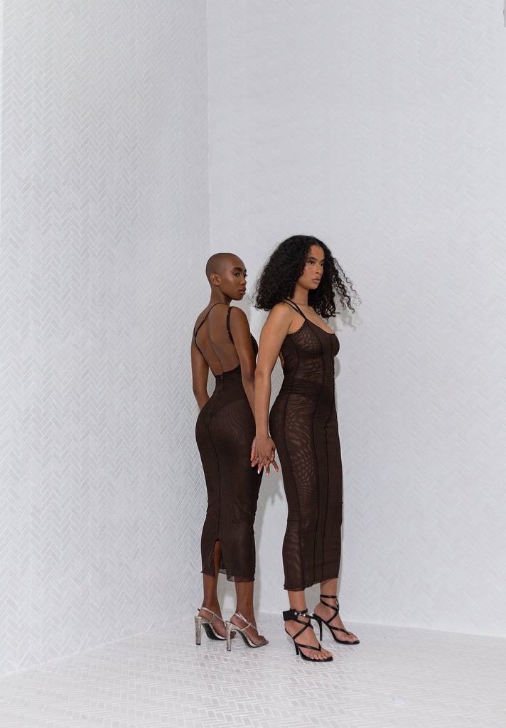 DERNIER44 Layered Mesh Midi in Bittersweet Chocolate