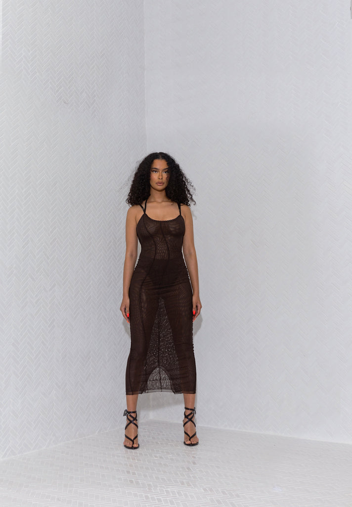 DERNIER44 Layered Mesh Midi in Bittersweet Chocolate