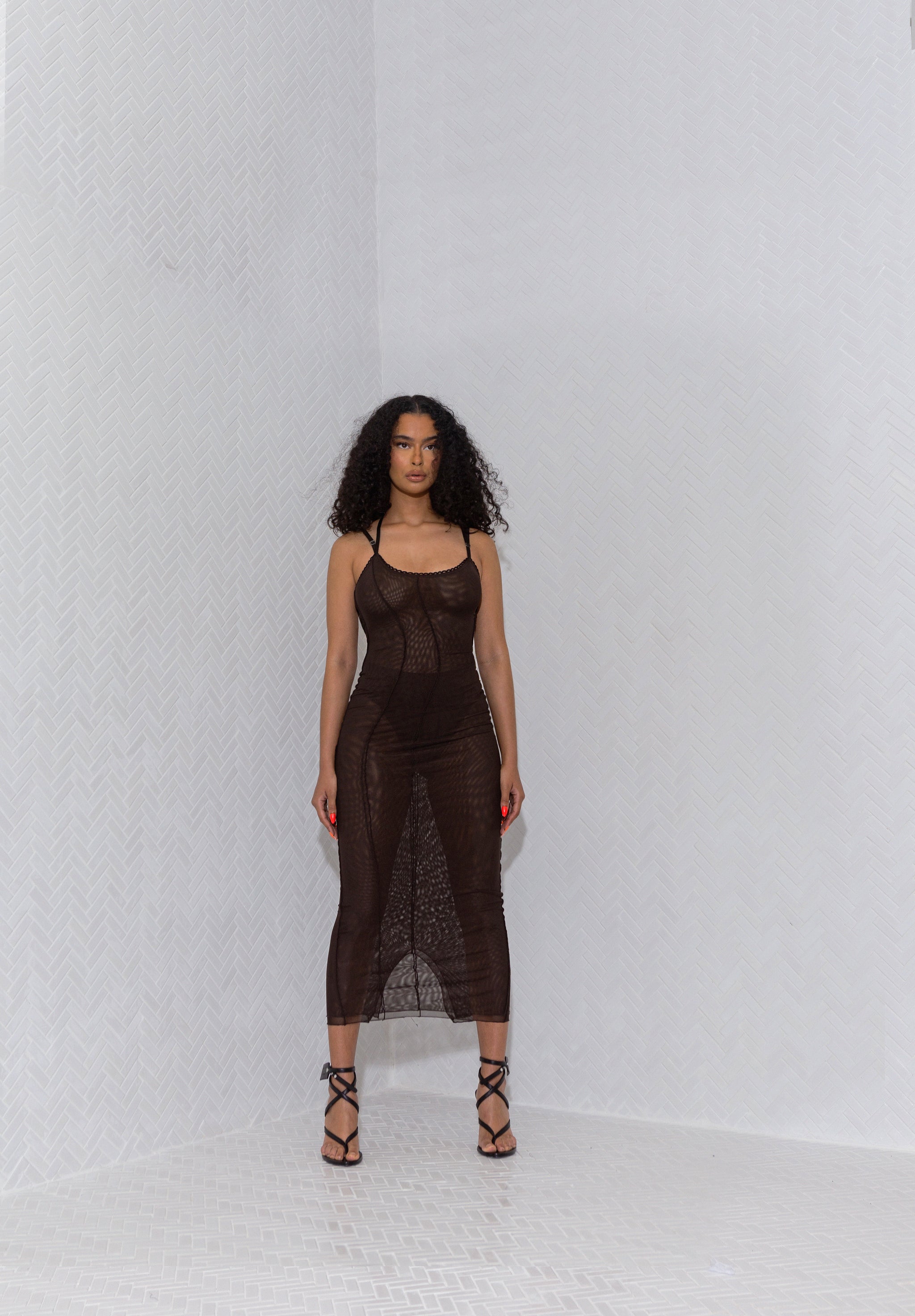 DERNIER44 Layered Mesh Midi in Bittersweet Chocolate