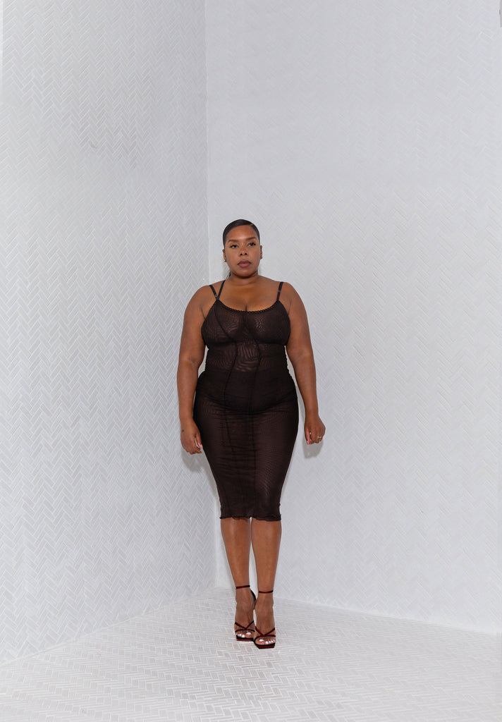 DERNIER44 Layered Mesh Midi in Bittersweet Chocolate