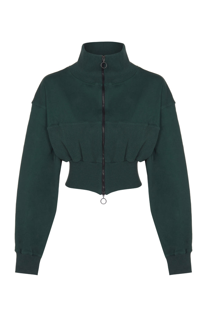 MULLAH Cropped Rib Bomber Sweater in Scarab Green