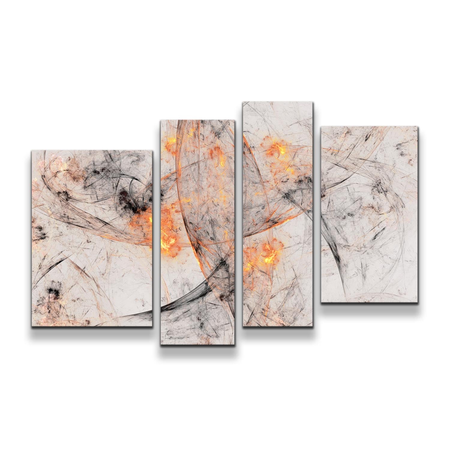 3D Abstract Canvas Wall Art, Grey Abstract Fractal 4 Piece Multi Canvas, Yellow Artistic Abstract Canvas Print