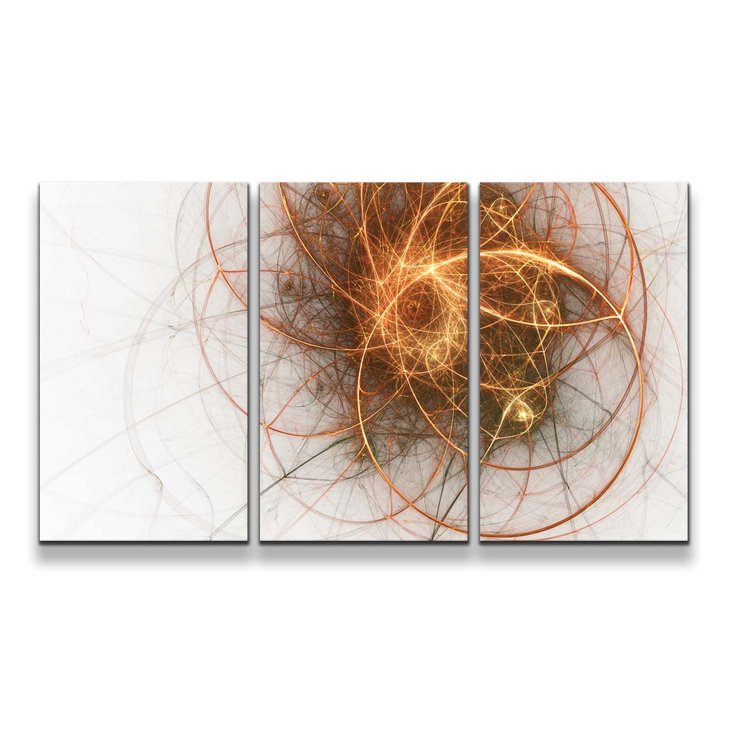 Abstract Circle Canvas Wall Art, Gold Abstract Fractal 3 Piece Canvas Print, White Modern Abstract Canvas Set