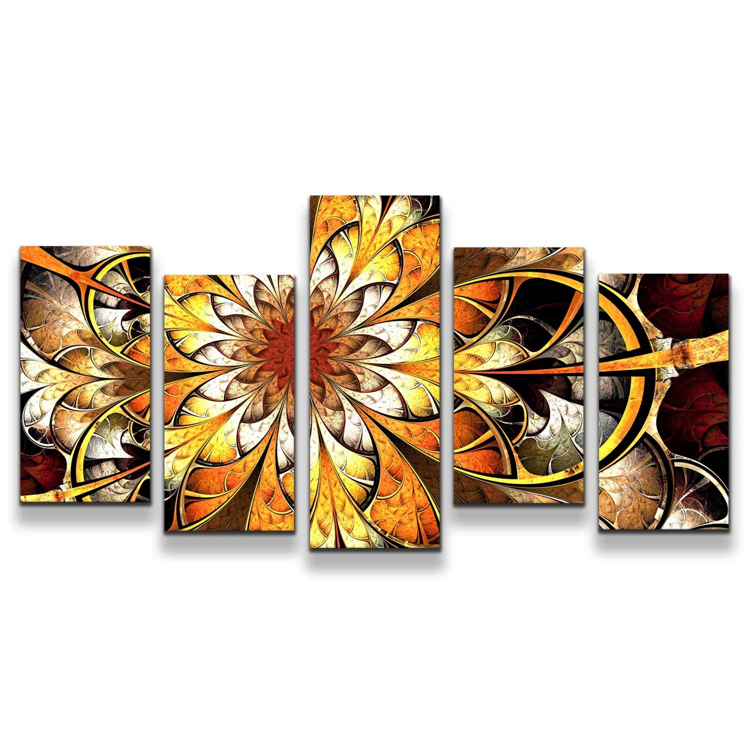 Abstract Patterns Canvas Print, Orange Yellow Abstract Artistic Design 5 Piece Canvas Set, Abstract Fractal Flower Canvas Wall Art