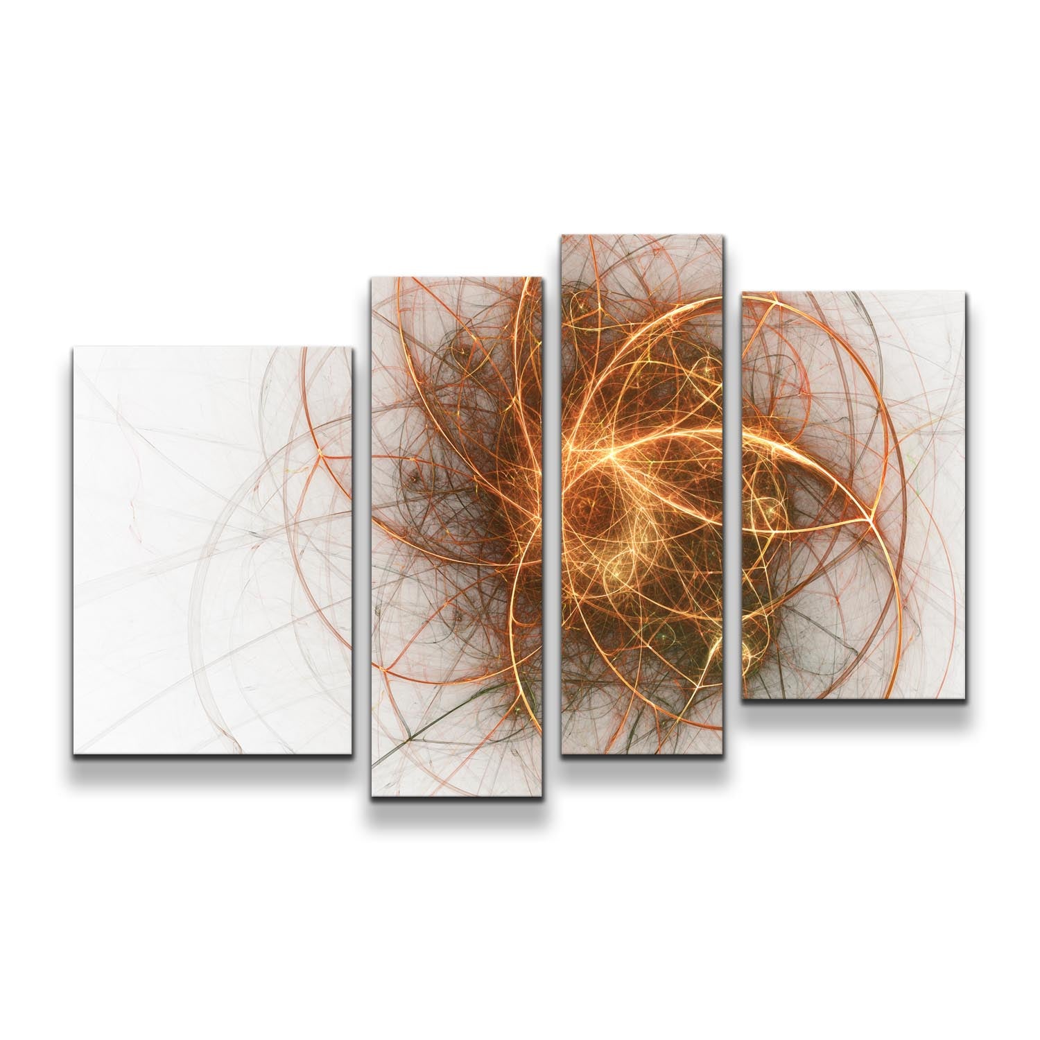 Abstract Shapes Canvas Wall Art, Gold Abstract Fractal Circles Canvas Print, Beautiful Yellow White Modern Abstract 4 Piece Multiple Canvas