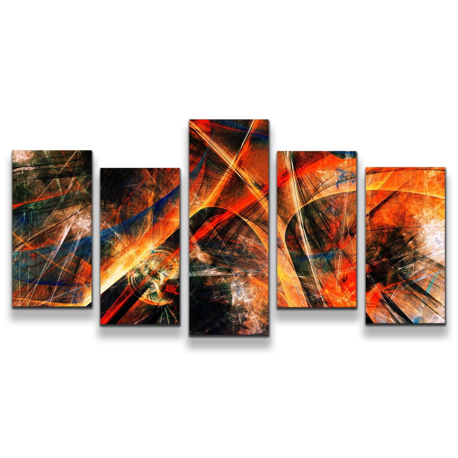 Deep Abstract Canvas Wall Art, Black Orange Abstract Fractal 5 Piece Canvas Print, Fractal Abstraction Canvas Set