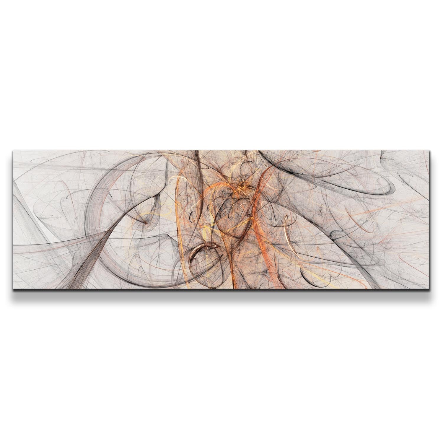 Graphic Abstract Canvas Wall Art, Orange Abstract Fractal 3D Panoramic Canvas Print, White Digital Abstract Elements Wide Canvas