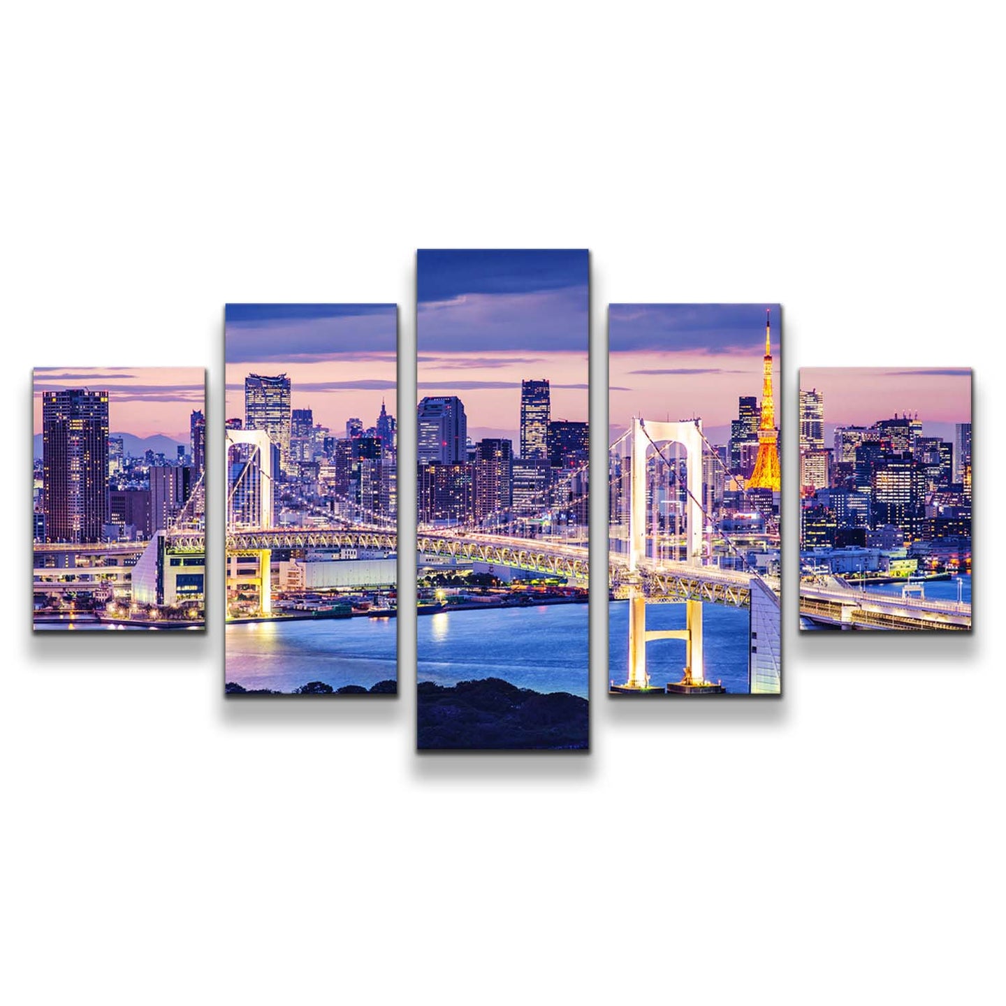 Tokyo Bay Rainbow Bridge Pink Sky Night wonderful 5 piece wall art ...