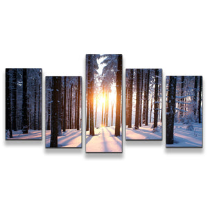 Trees Sunset Canvas Wall Art, Trees Forest Winter Canvas Set, Yellow Sunset Between Trees Multi Canvas, Black Trees Strains 5 Piece Canvas Print - Dwallart - Canvas Wall Art Trees