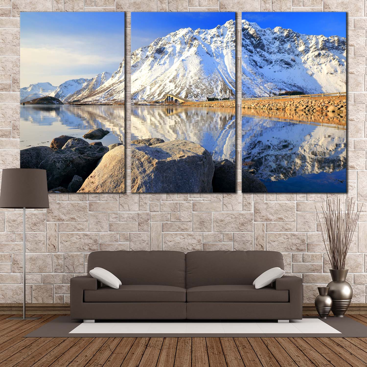 Snowy Mountain Canvas Wall Art, Blue Norway Sky Landscape 3 Piece Canv ...