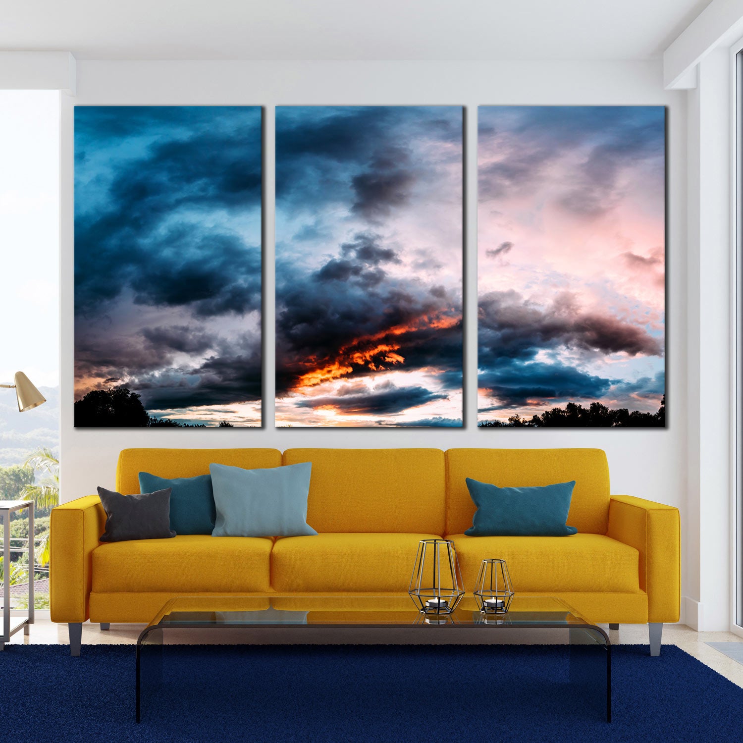 Blue Orange Sunset 3 Piece Abstract Canvas Triptych Wall Art Blue Grey Sky Clouds Dwallart