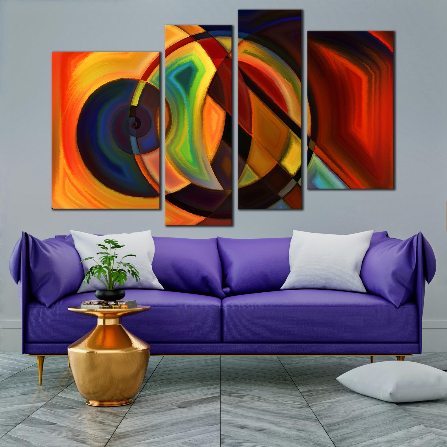 Original Wall Art Composition Forms Abstract, 4 Panel Canvas Décor ...