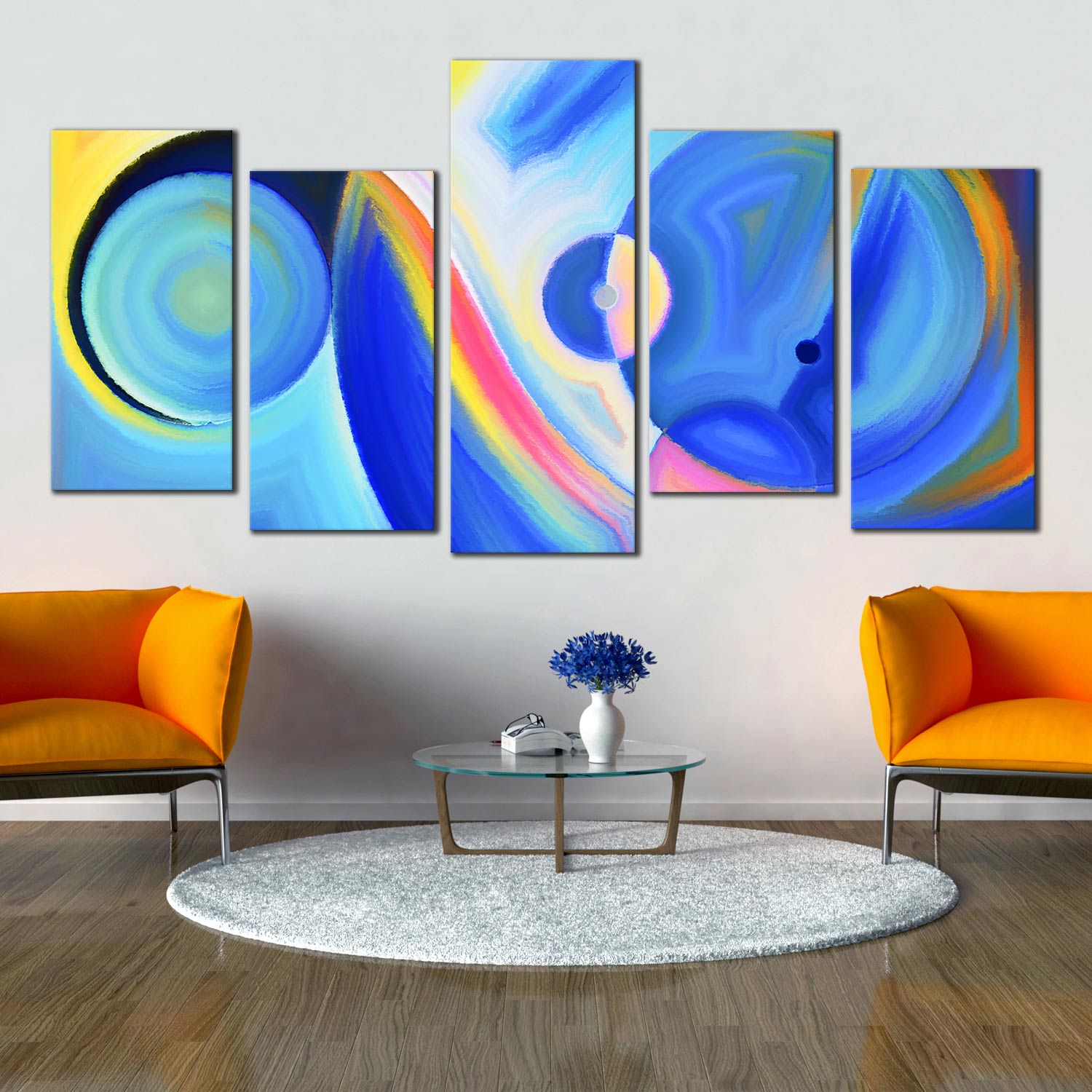 Circle Abstract Canvas Print, Blue Modern Shapes 5 Piece Canvas Set, S ...
