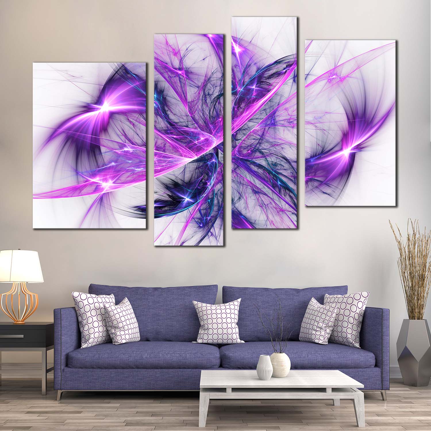 Modern Abstract Canvas Wall Art, Purple Bright Abstract Fractal Canvas