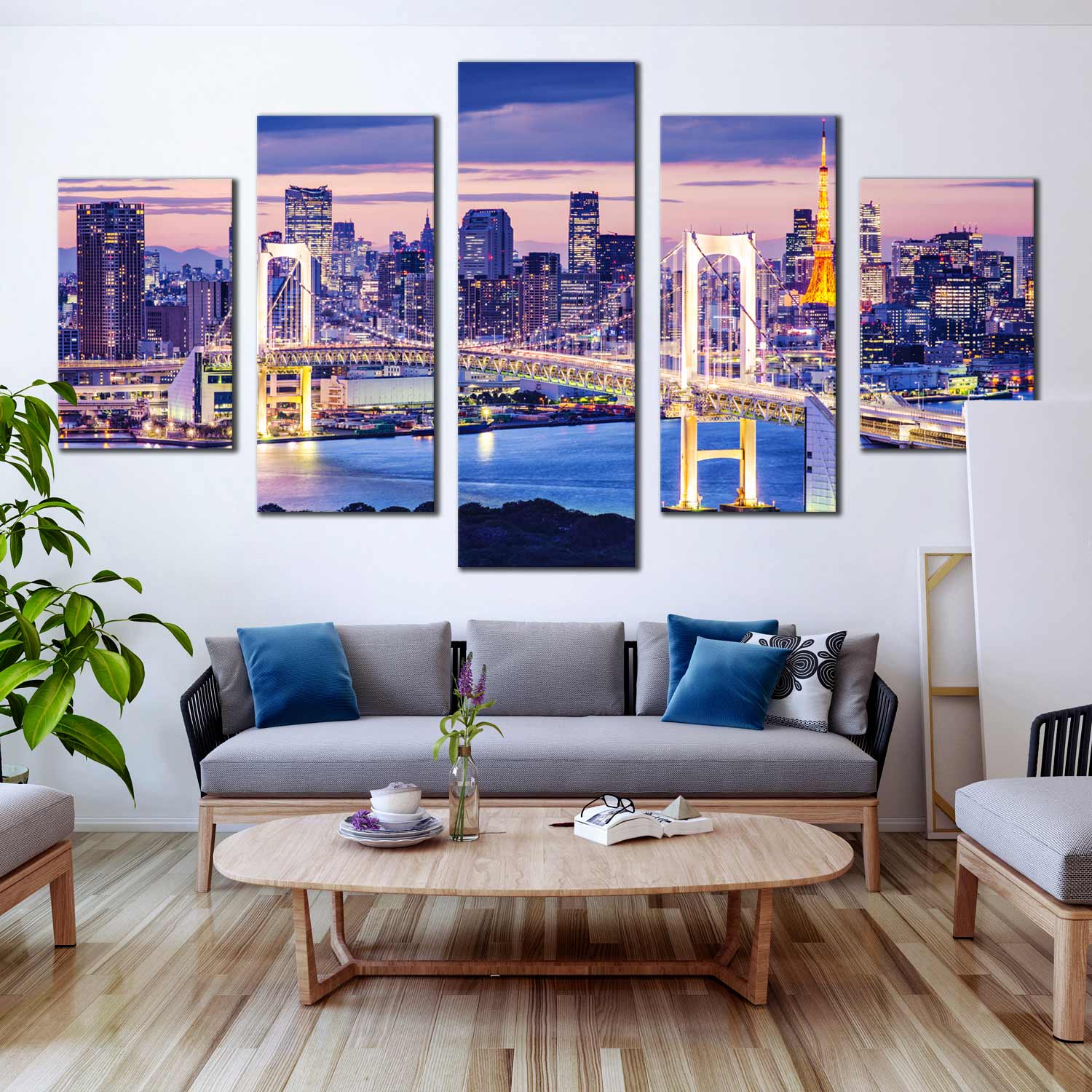 Tokyo Bay Rainbow Bridge Pink Sky Night wonderful 5 piece wall art ...