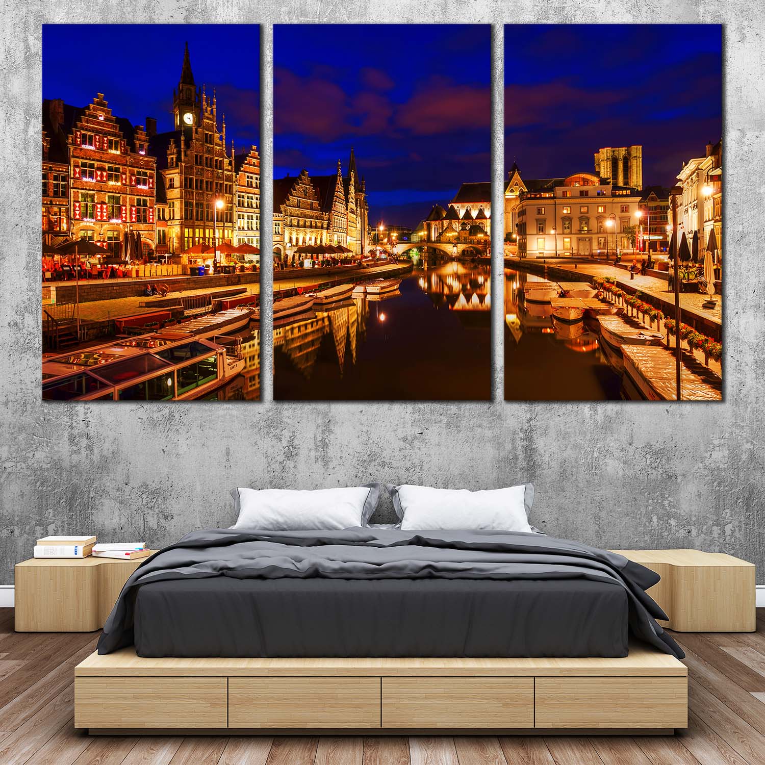 Belgium Canals Canvas Wall Art, Gold Ghent Harbors City Reflection 3 P ...