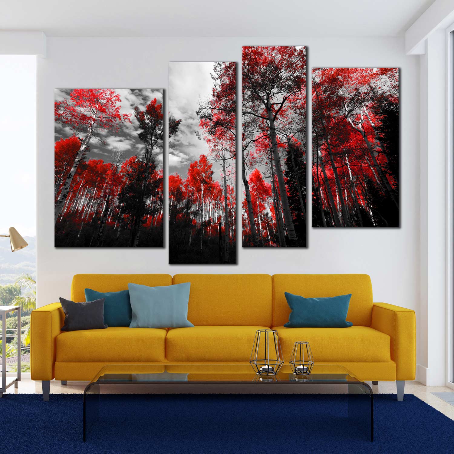 4 Panel Canvas Wall Art Black White Red Trees Grey Sky Beautiful Colorado Red Forest Wall Art And Canvas Print Dwallart