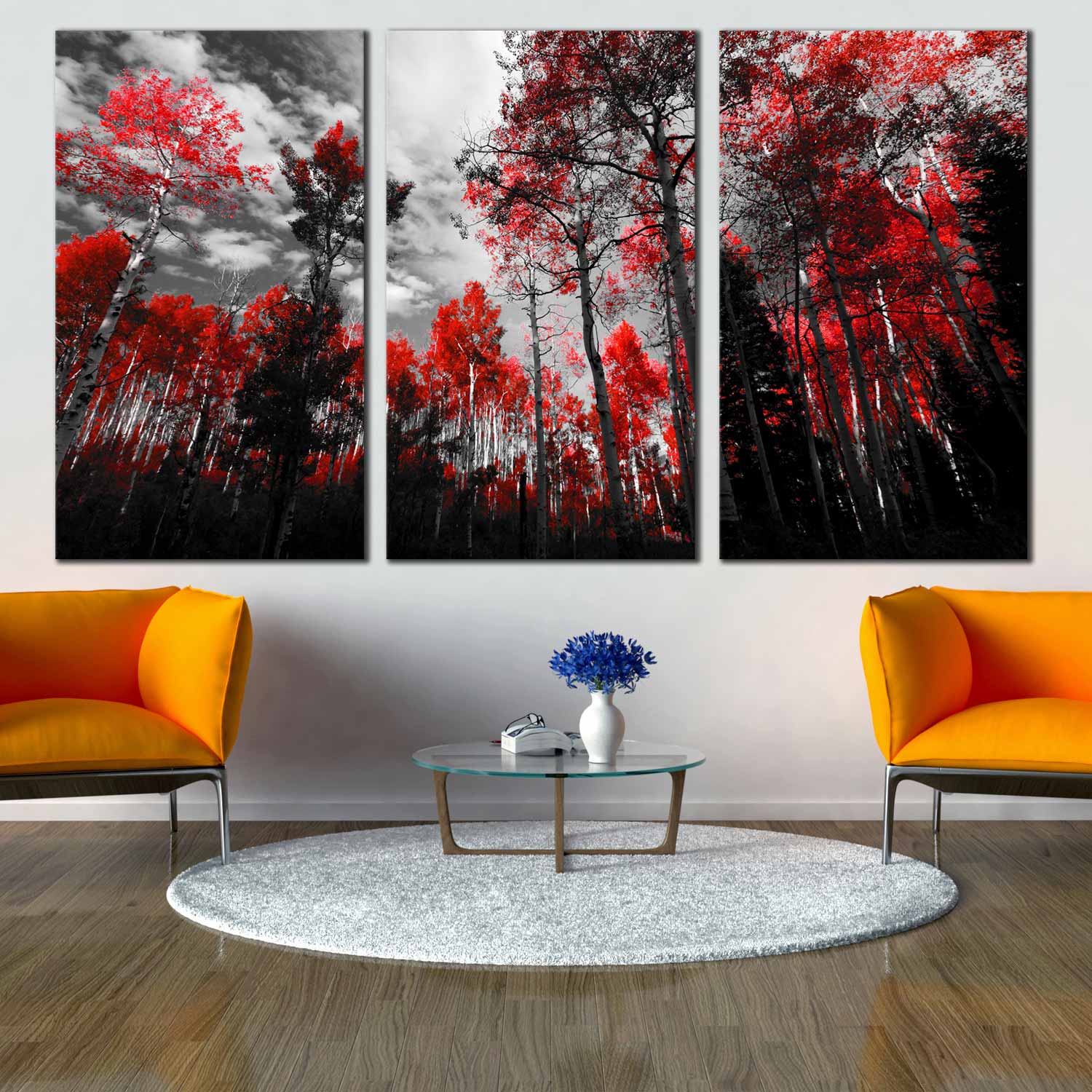 Triptych Canvas Wall Art Black white Red Trees, Colorado Red Forest ...