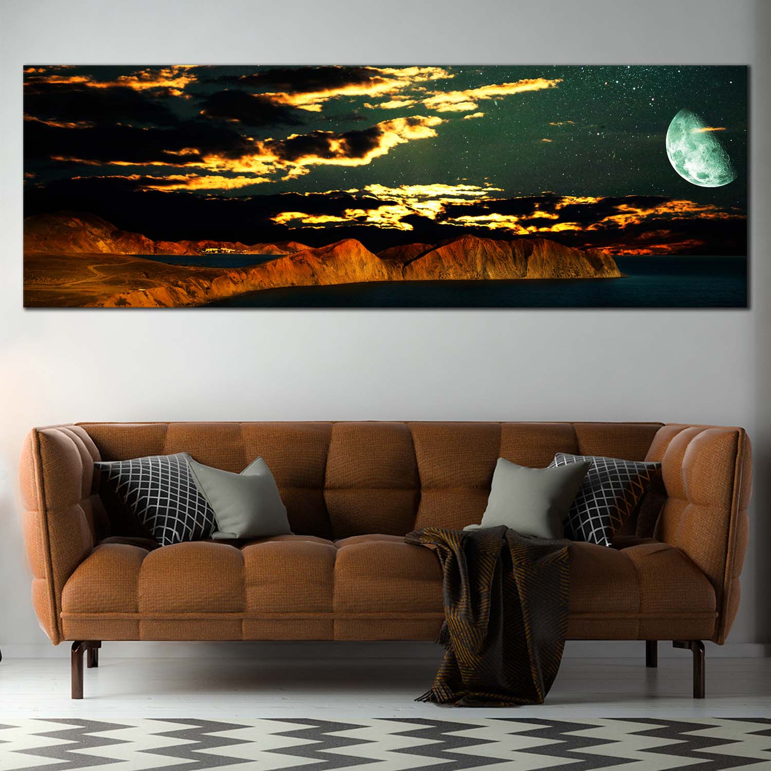 Dramatic Clouds Canvas Wall Art, Green Half Moon Starry ...