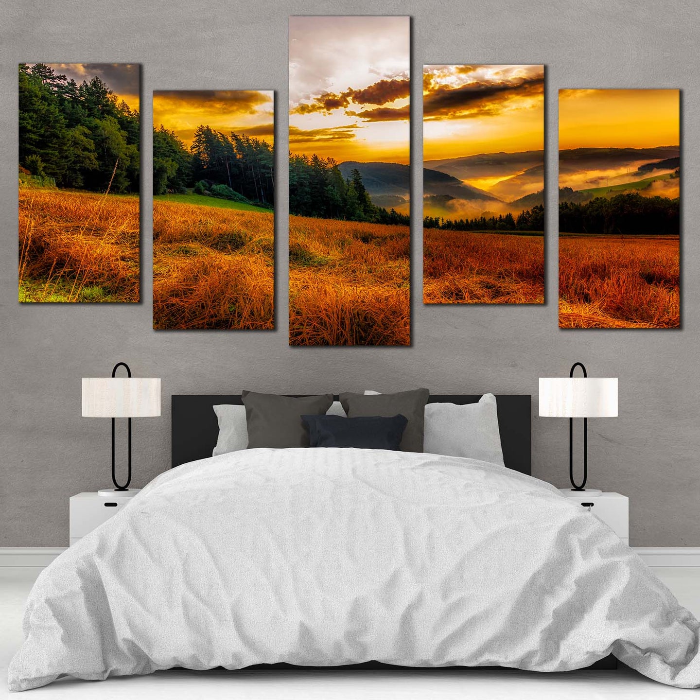 Golden Sunrise Canvas Wall Art, Green Trees Mountain Hill Canvas Set ...