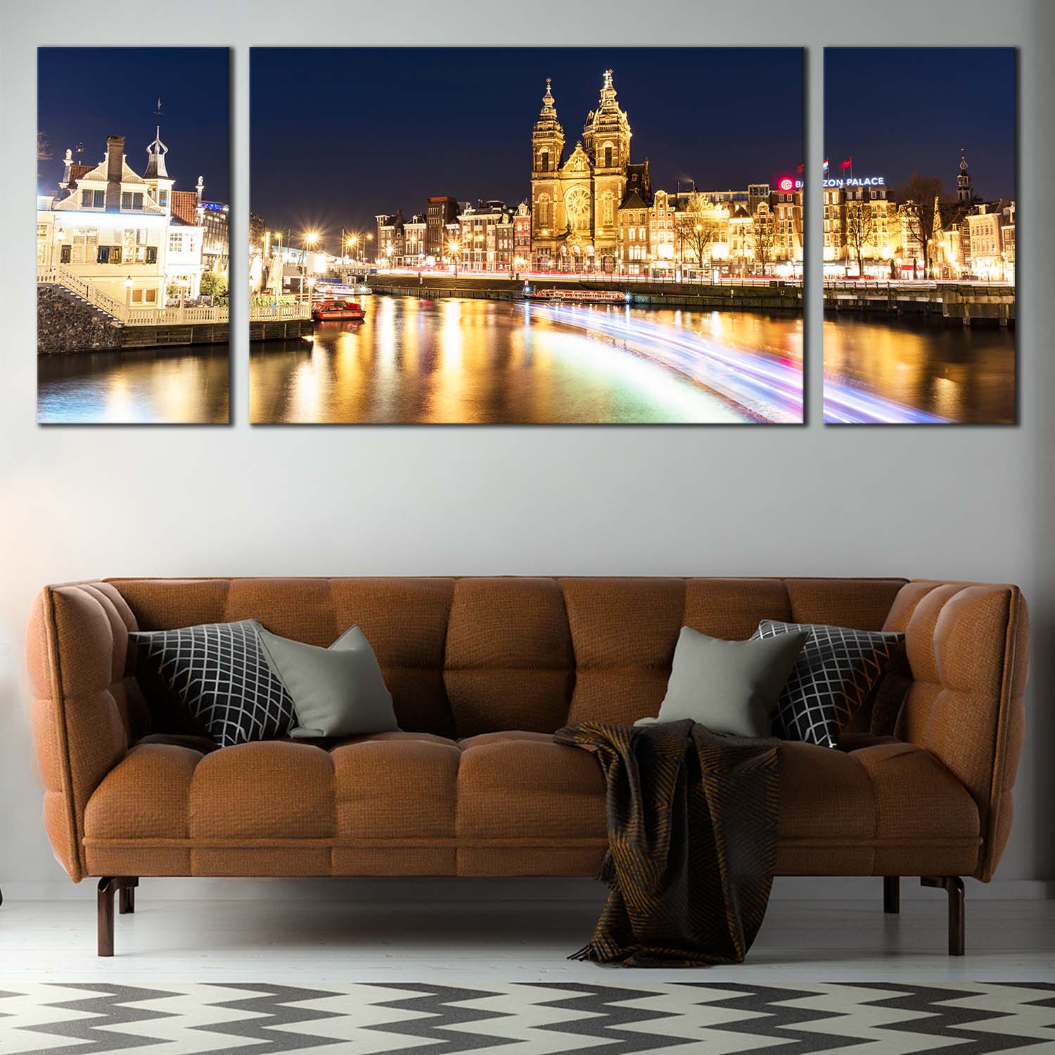 Harbors Canals Canvas Wall Art, Yellow City Lights Reflection Canals M ...
