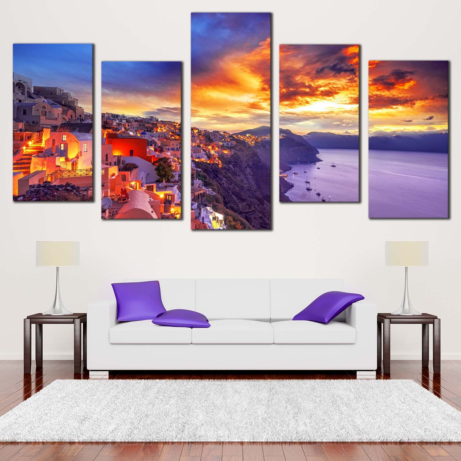 Dramatic Clouds Canvas Wall Art, Santorini Island Canvas Print, Purple Greece Houses 5 Piece Canvas Set, Yellow Oia Sky Sunset Multi Canvas