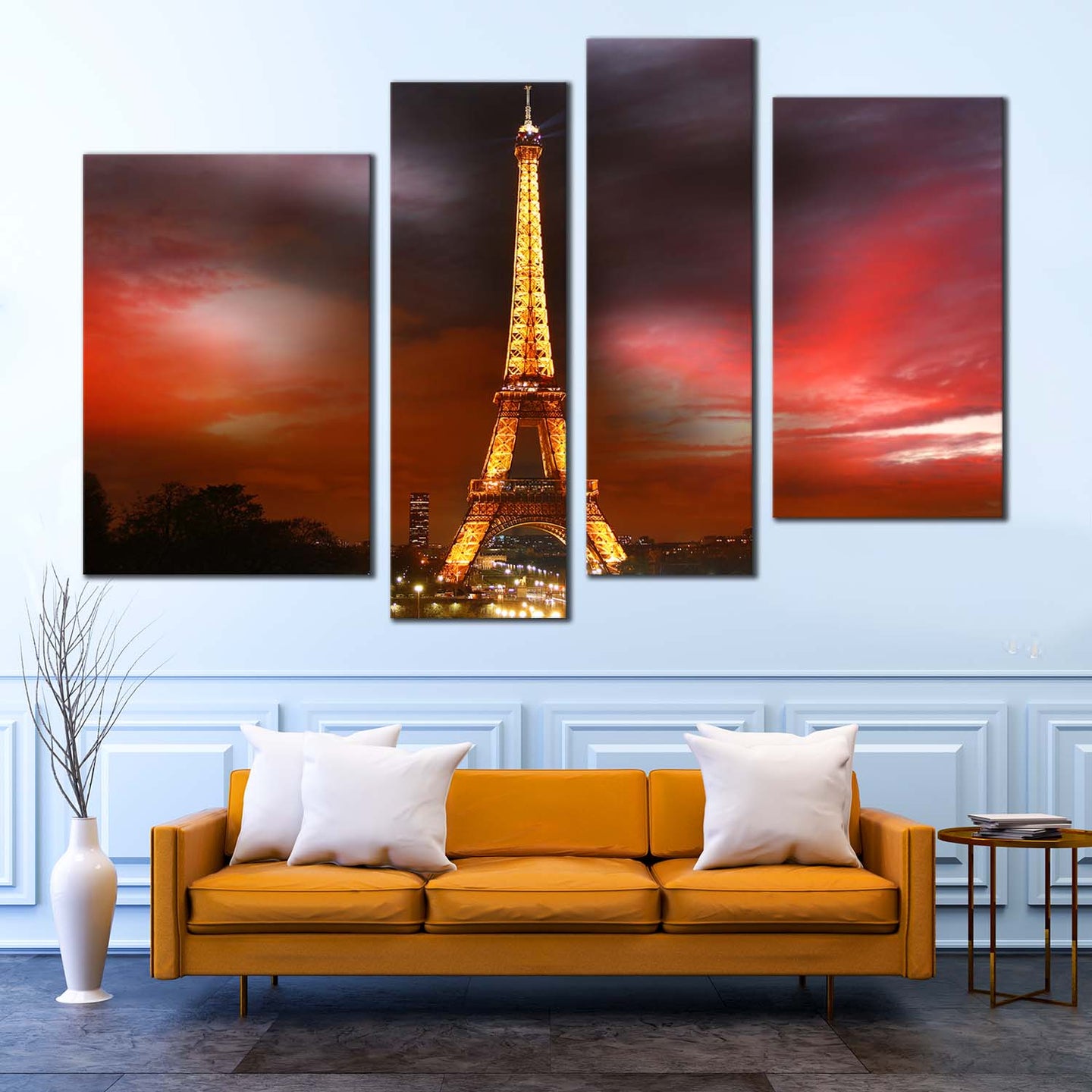 Paris City Canvas Wall Art, Dramatic Red Cloudy Night Cityscape Canvas ...