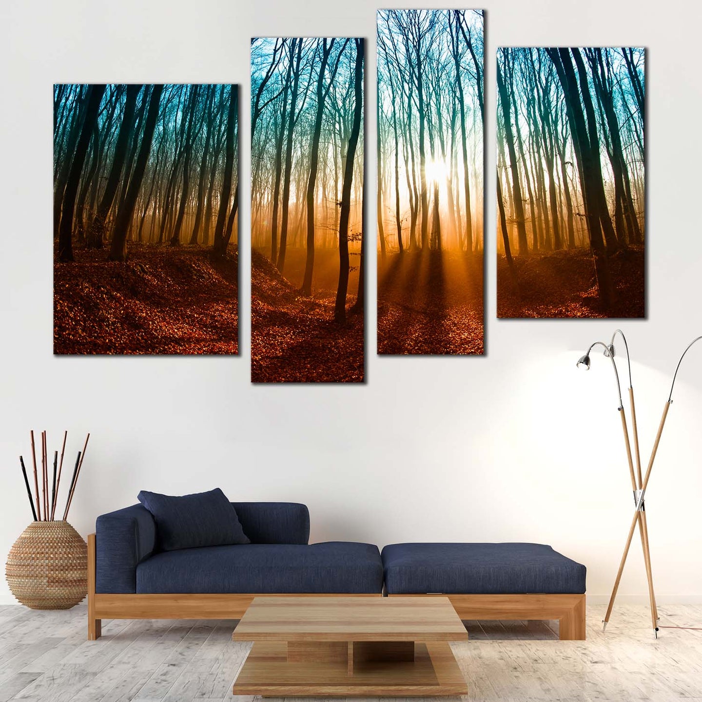 Forest Scenery Canvas Wall Art, Orange Sunrise Trees Forest 4 Piece Ca ...