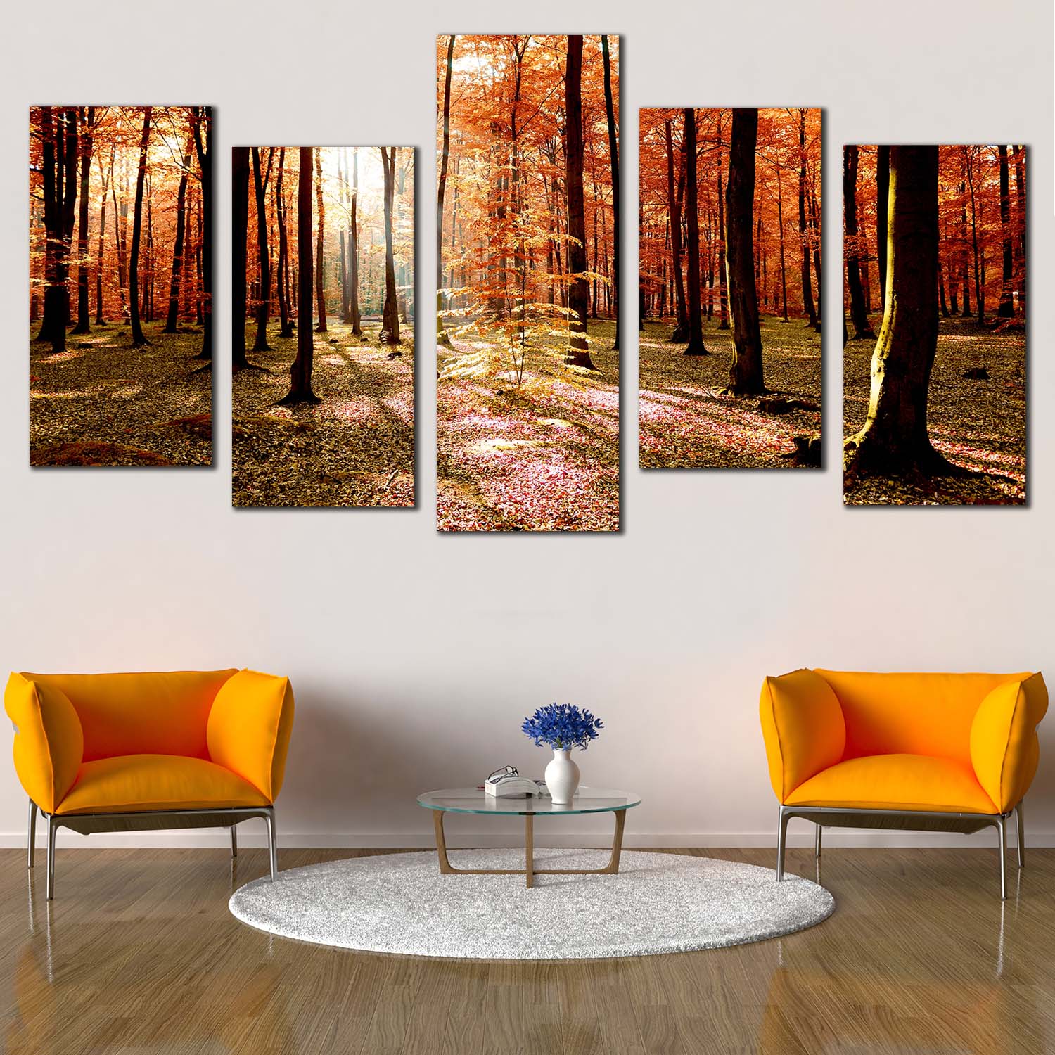Nature Scenery Canvas Wall Art, Green Fields Autumn Forest 5 Piece Mul ...