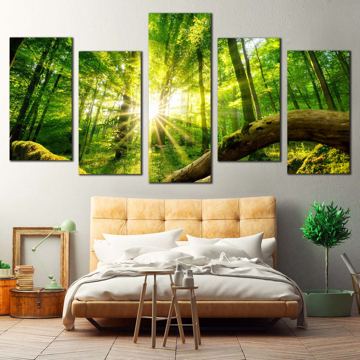 Scenery Forest Canvas Wall Art, Yellow Sun Rays Casting Forest Multipl ...