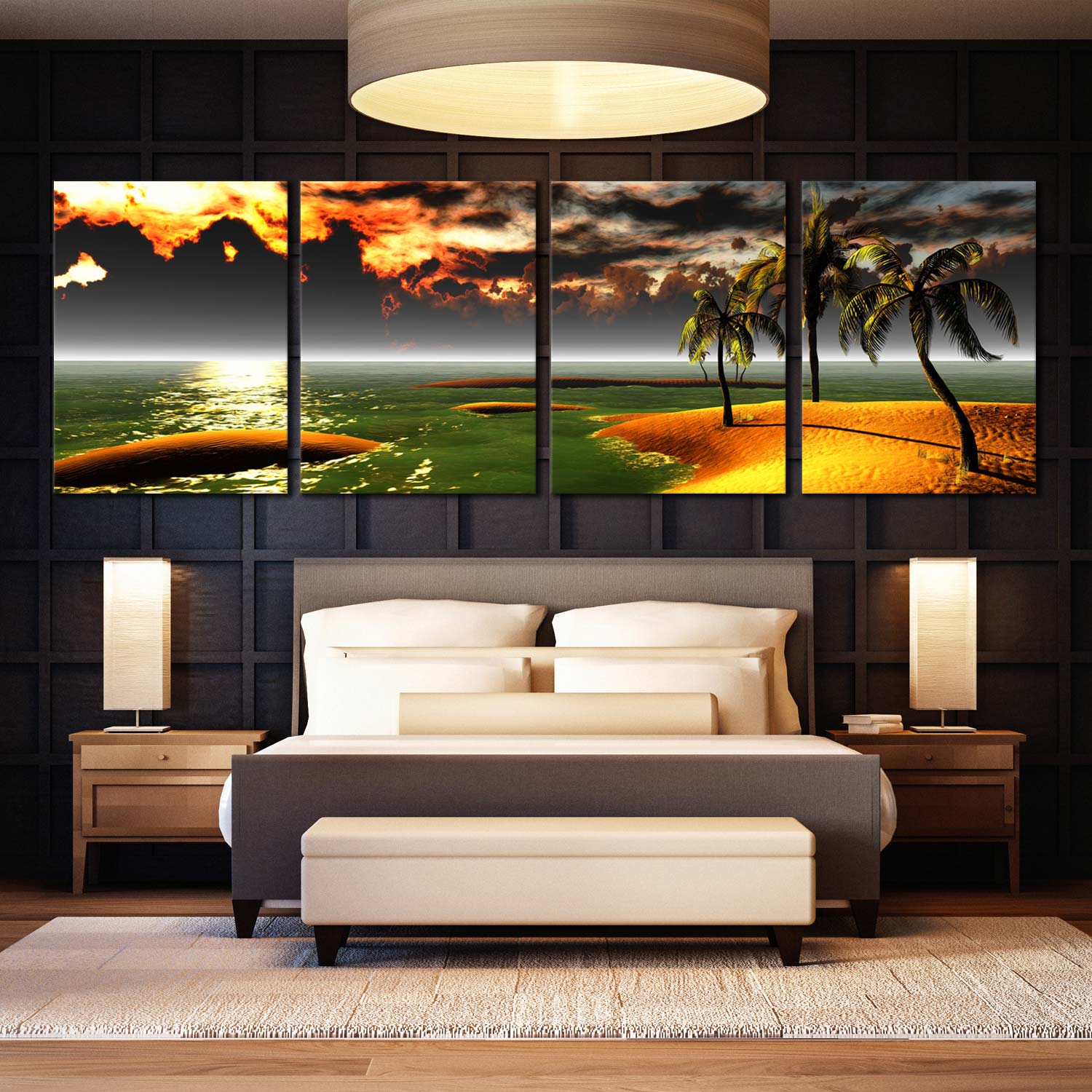 4 Panel Canvas Wall Art Hawaiian Beach Tropical Sunset Panoramic Landscape Dwallart