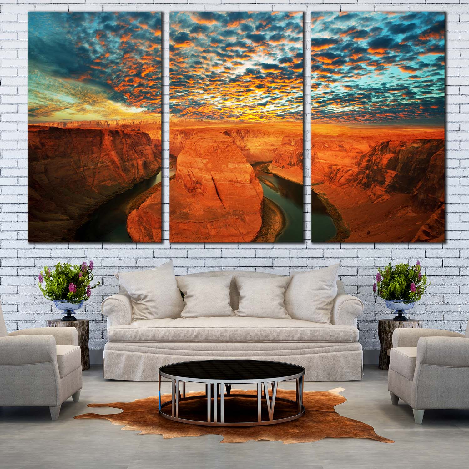 Colorado River Canvas Wall Art, Horseshoe Bend Cloudy Green Sky 3 Piec ...