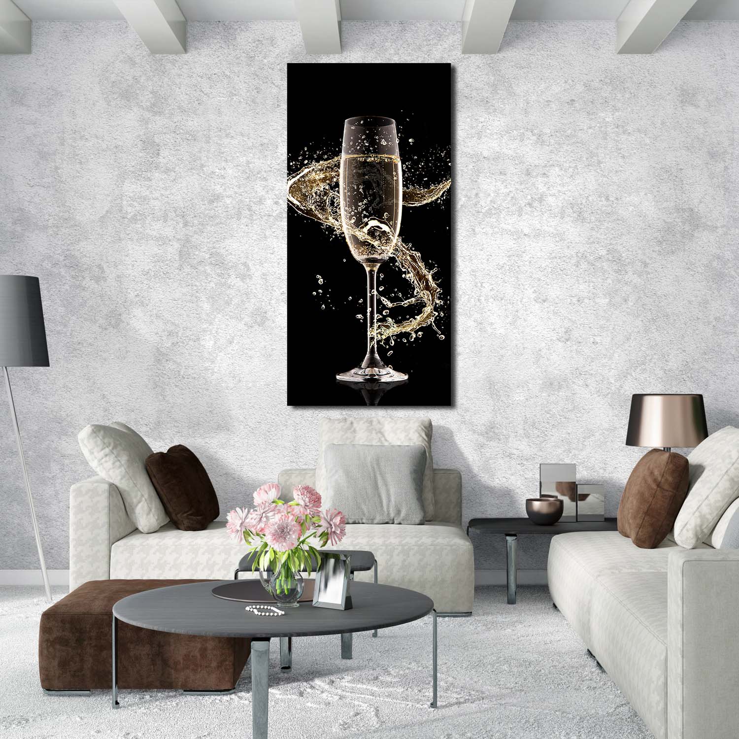 Luxury Champagne Canvas Wall Art, Black Background Champagne Glass Ver ...