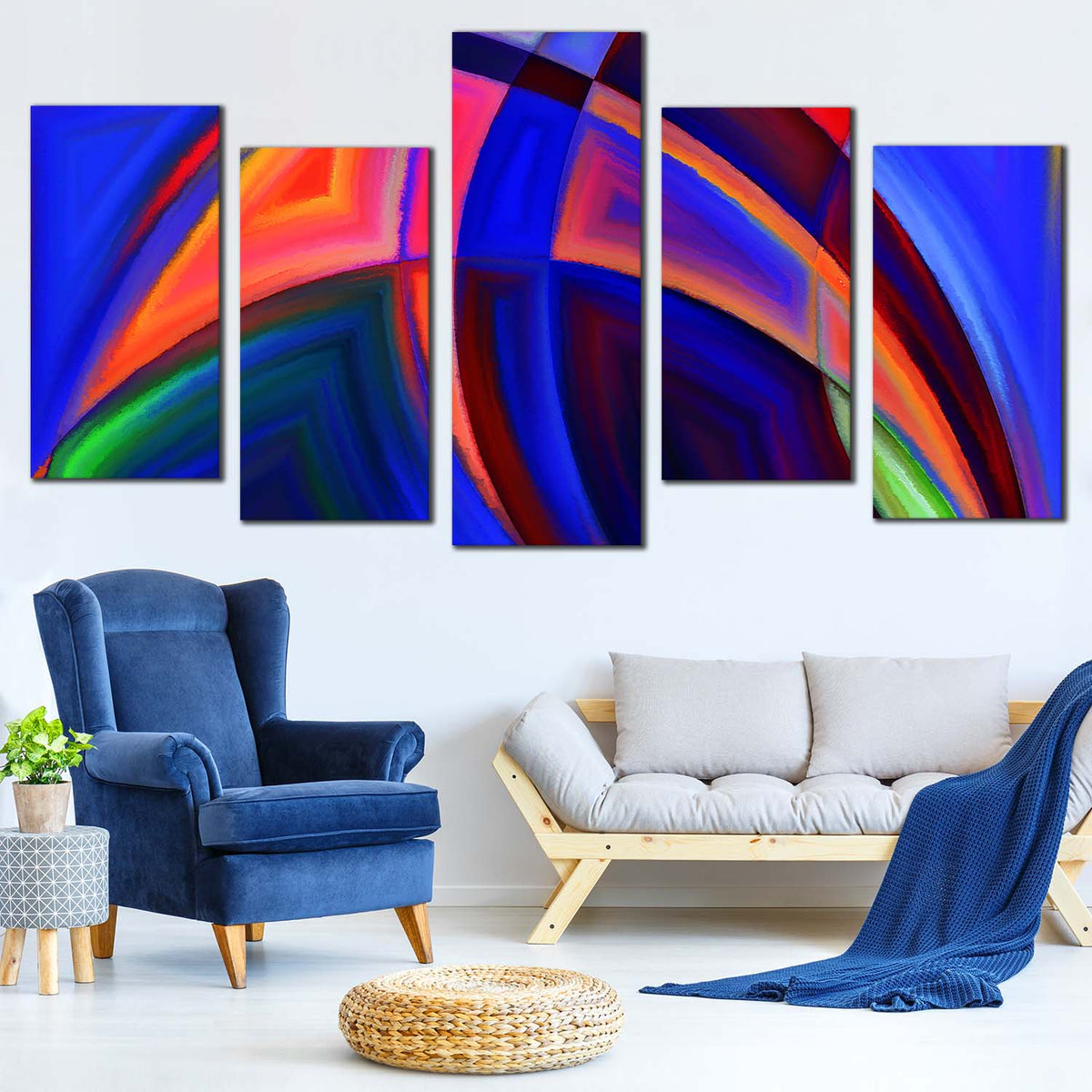 Abstract Patterns Canvas Wall Art, Blue Orange Abstract Shapes 5 Piece ...