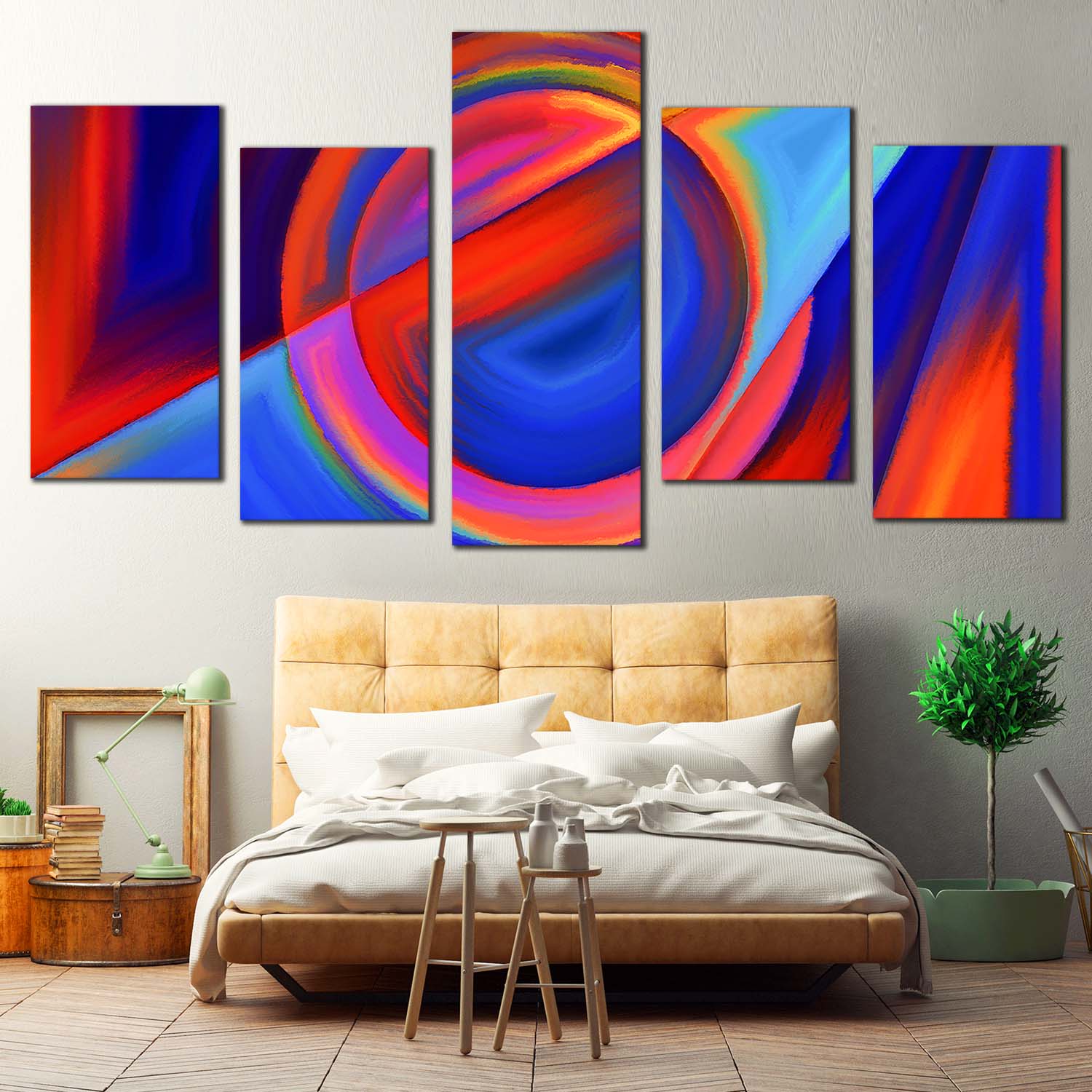 Modern Abstract Canvas Wall Art, Blue Red Abstract Forms 5 Piece Multi ...